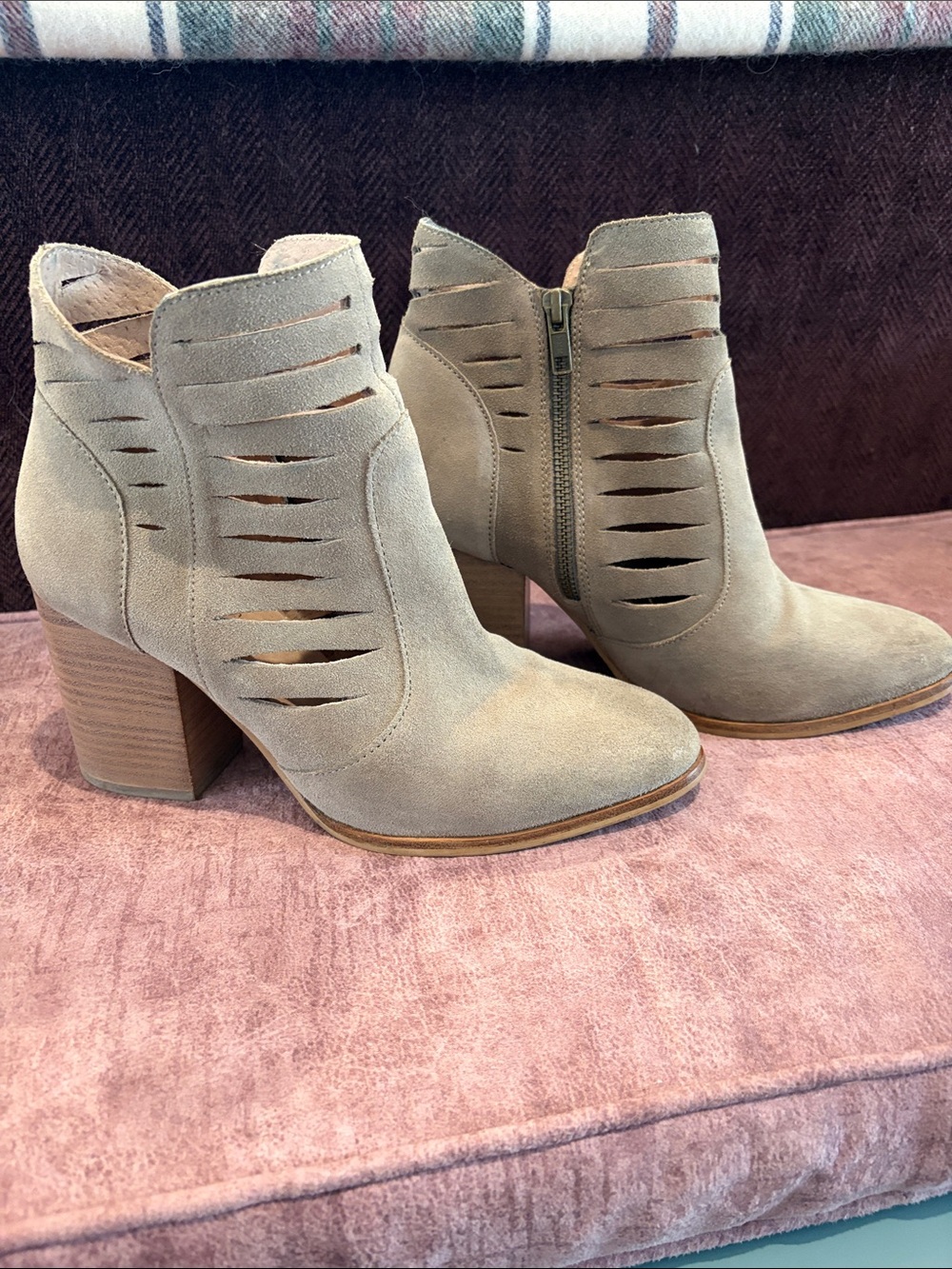 Seychelles Taupe Suede Cutout Block Heel Ankle Boots